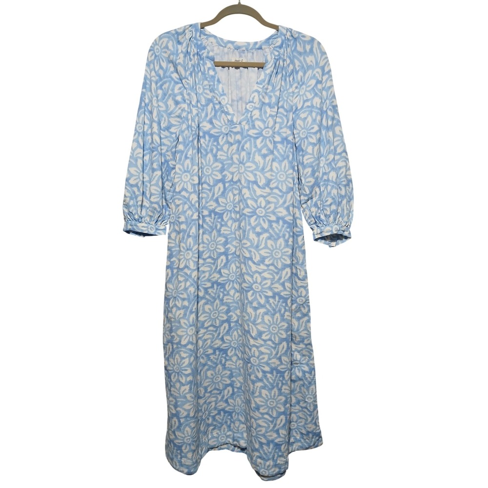 Johnnie-O Women Blue White Floral Block Print Midi Dress Split V-Neck Small